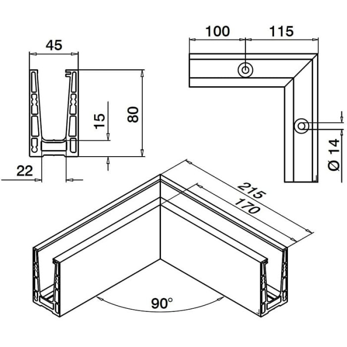Vloerprofiel 90° binnenhoek Easy Glass Up topmontage model 6611 aluminium geanodiseerd